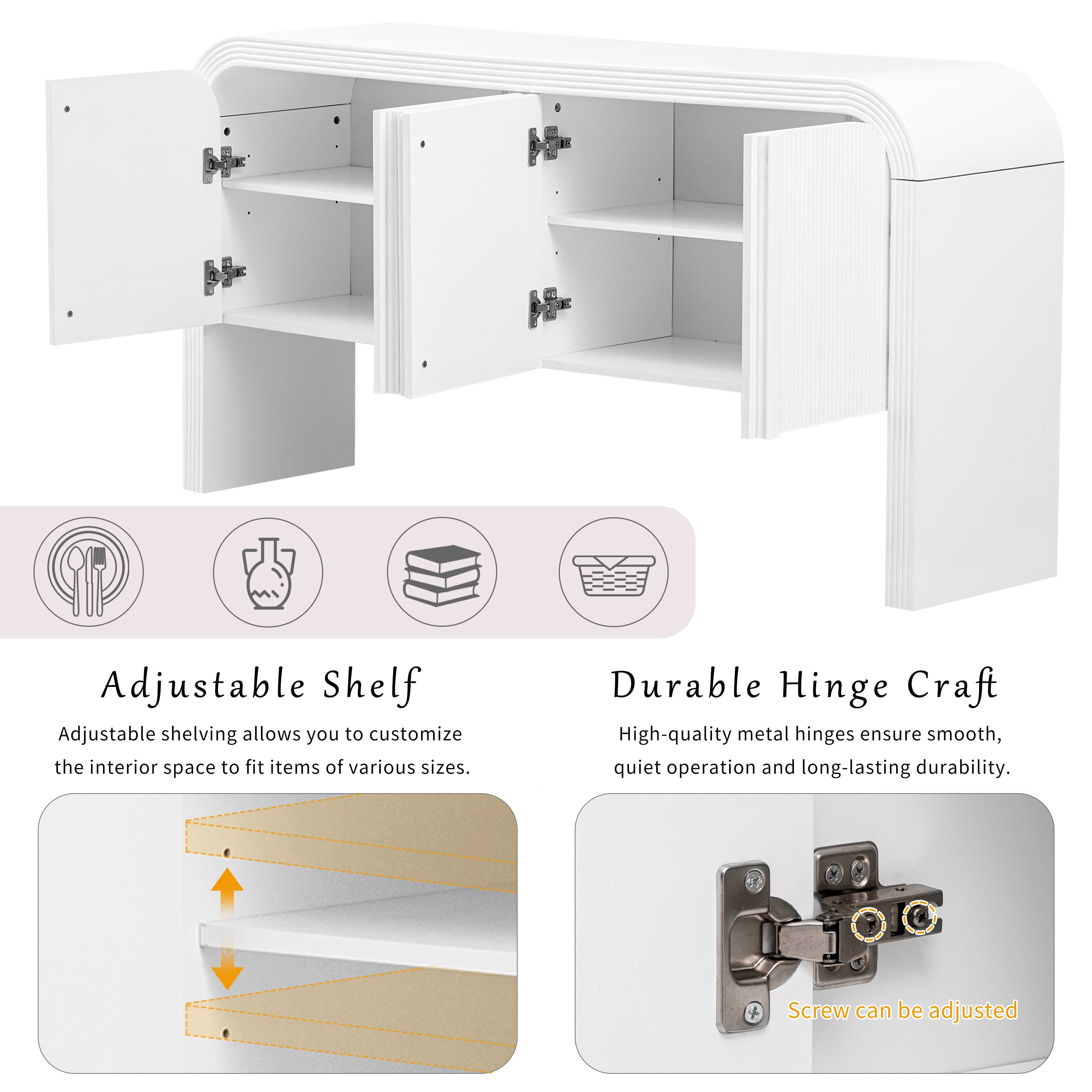Aukfa 4-Door Striped Storage Cabinets, Sideboard Console Table for Hallway Living Room,White