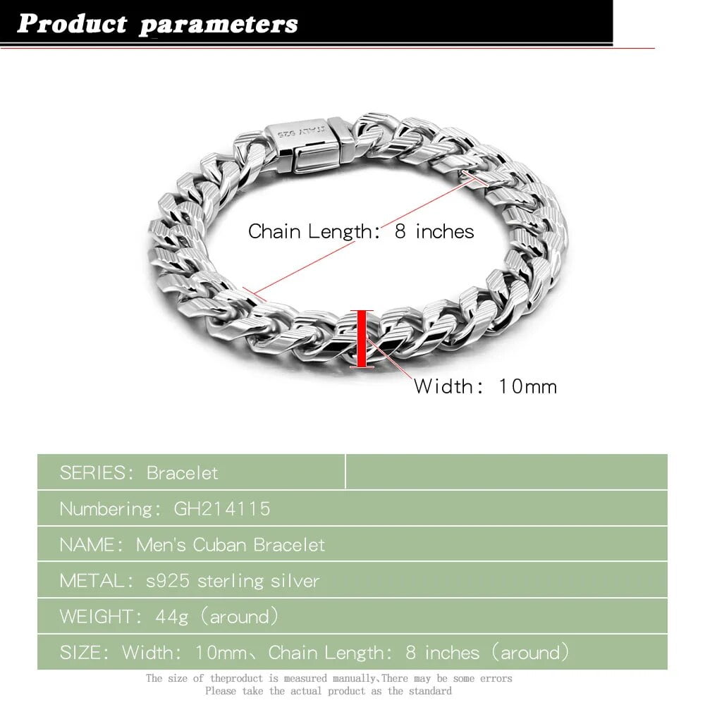 Men Genuine 100% 925 Sterling Silver Bracelets Curb Cuban Chain 10 MM 7-10 inch Italy Silver Bracelets Punk Fine Jewelry Gift Gift