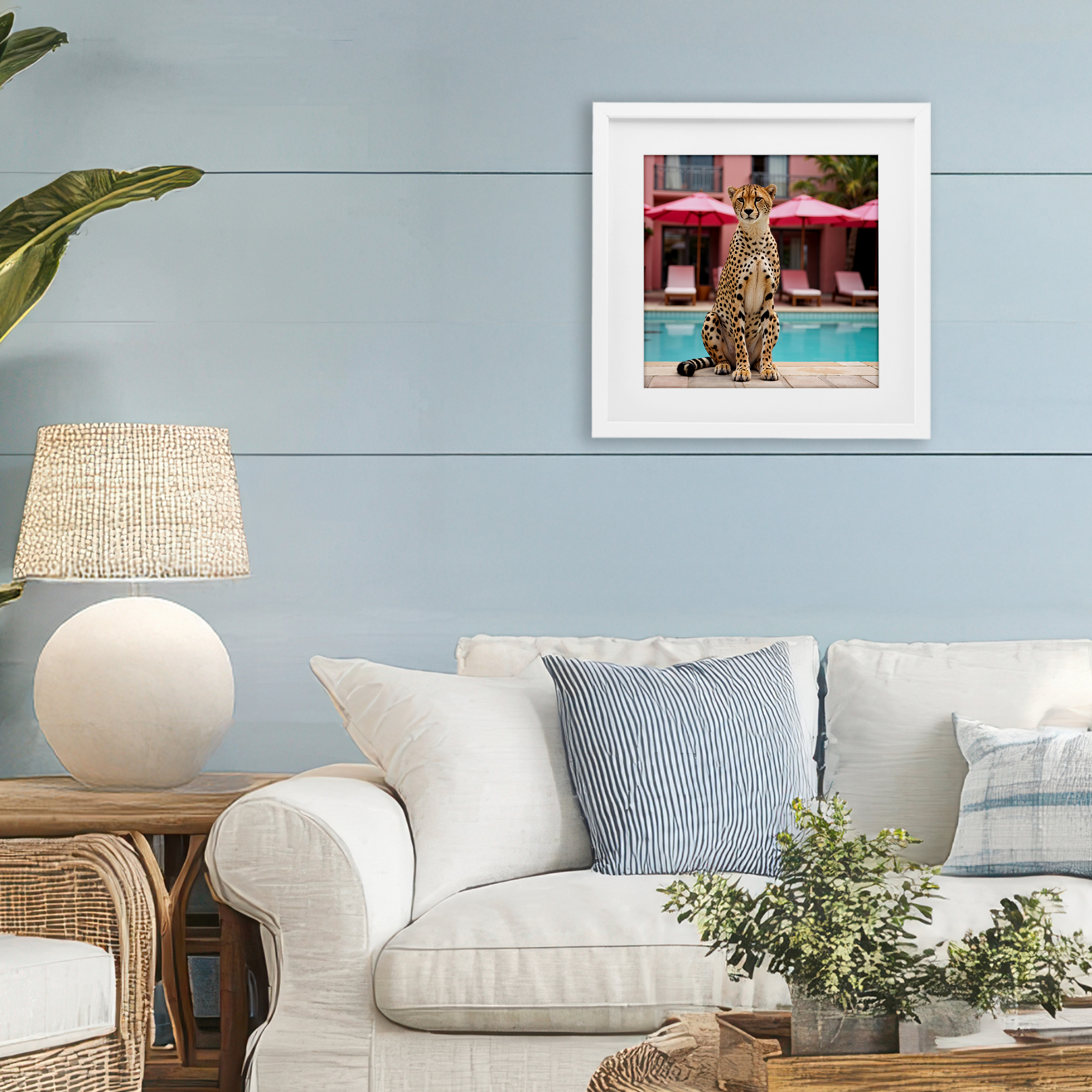 Cheetah Posed at Poolside White Framed Print Under Glass, design by Lettered and Lined