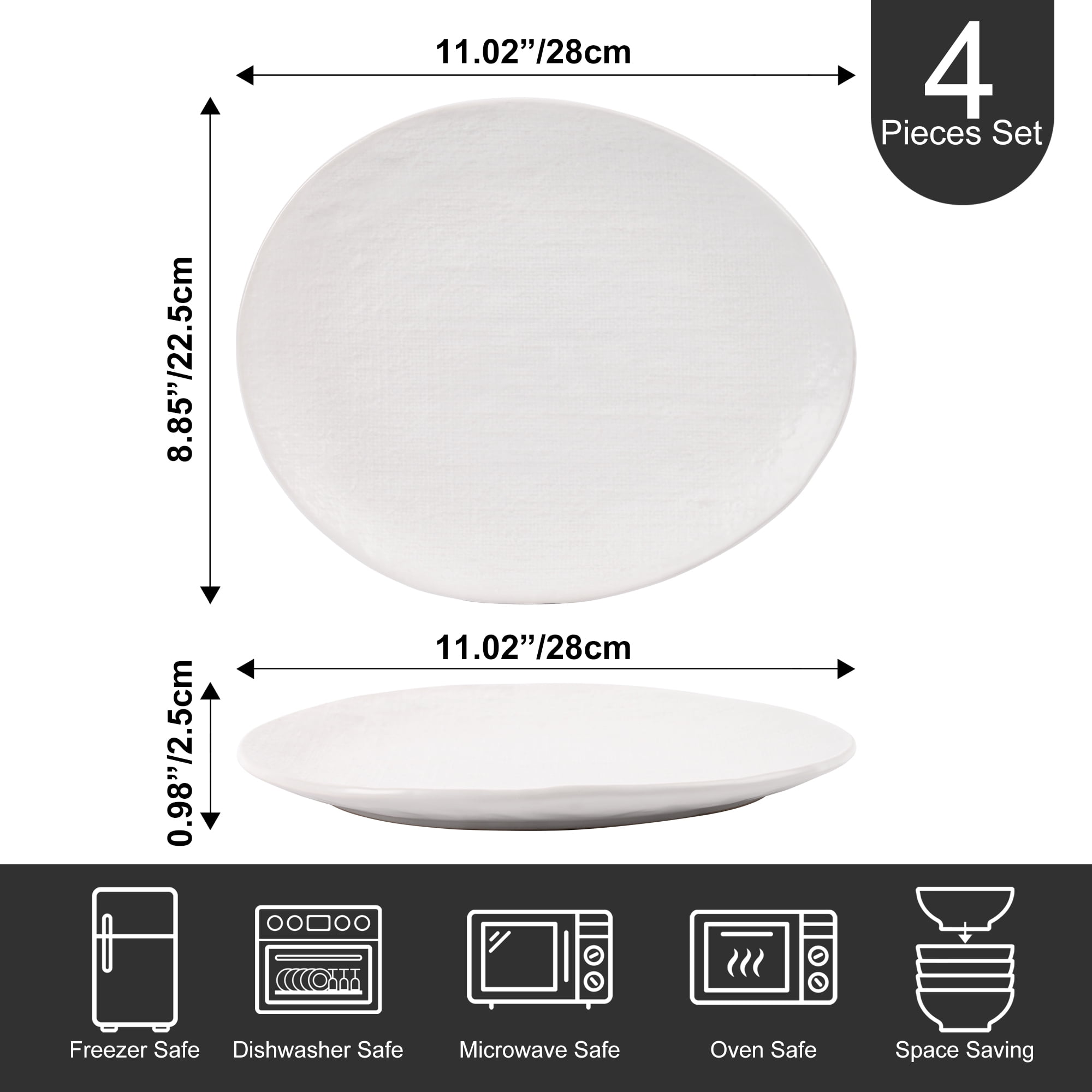 Linen Artisan Dinner Plate Set, 4 Pieces Dinnerware Dishes Set, Porcelain Salad Plates, Irregular 11 Inches Ceramic Plates Suitable for Steak, Pasta, Pizza, Home, Party, White, Large