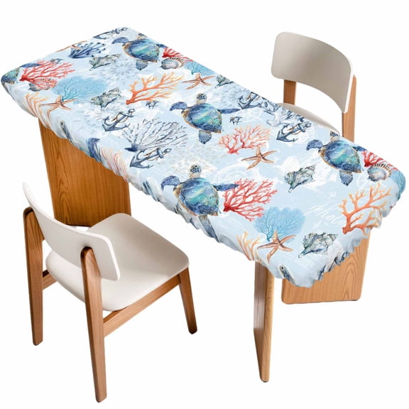 Blue Ocean Table Cloths for 8 Foot Rectangle Tables, Summer Coastal Beach Nautical Sea Turtles Corals Patio Waterproof Elastic Fitted Tablecloths, Washable Rectangular Table Cover for Camping