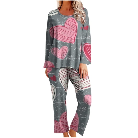 Cavosen Valentine's Day Cozy Pajamas for Women Soft Long Sleeve Crew Neck Shirt Wide Leg Pants Heart Printed Breathable Casual Sleepwear Gray XL