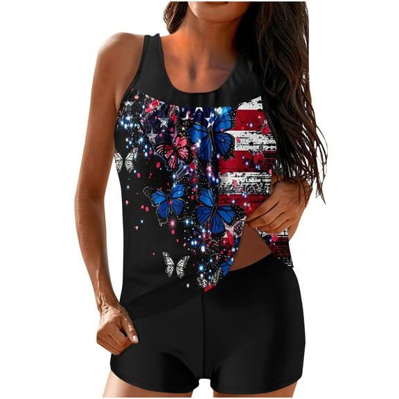 FAVIPT 4th of July Swimsuits for Women High Waisted Tummy Control 2 Piece with Boyshorts Bathing Suits Star Stripes American Flag Print Blouson Swimwear 2025 Red,M
