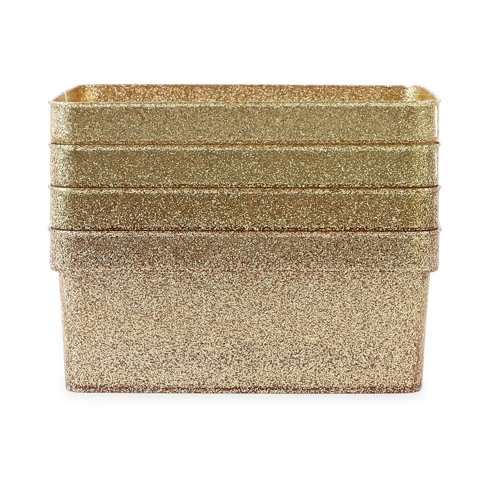 Isaac Jacobs 4-Pack Small Gold Glitter Storage Bin Set with Cut-Out Handles, Plastic Organizers
