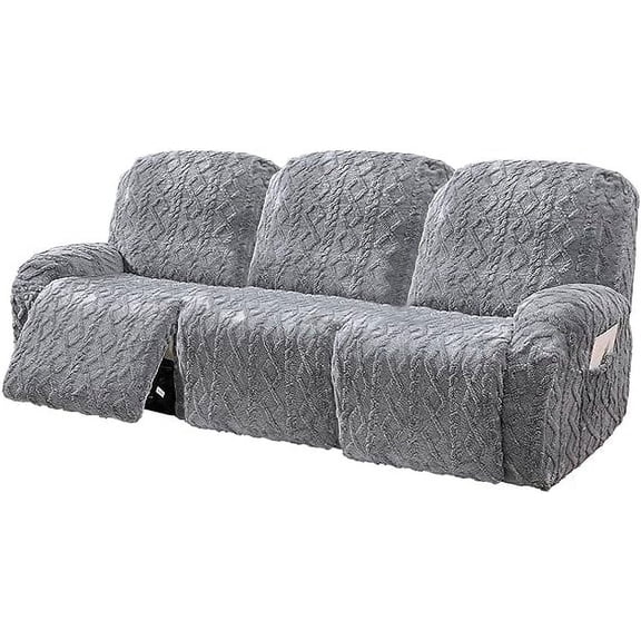 NAMZI 8 Pieces Geometric Jacquard Plush Recliner Sofa Covers Soft Fuzzy Fluffy 3 Seats Couch Cover Anti-Slip Sofa Slipcover Furniture Protector with Elastic Bottom for Kids Pet(Grey,3 Seat)