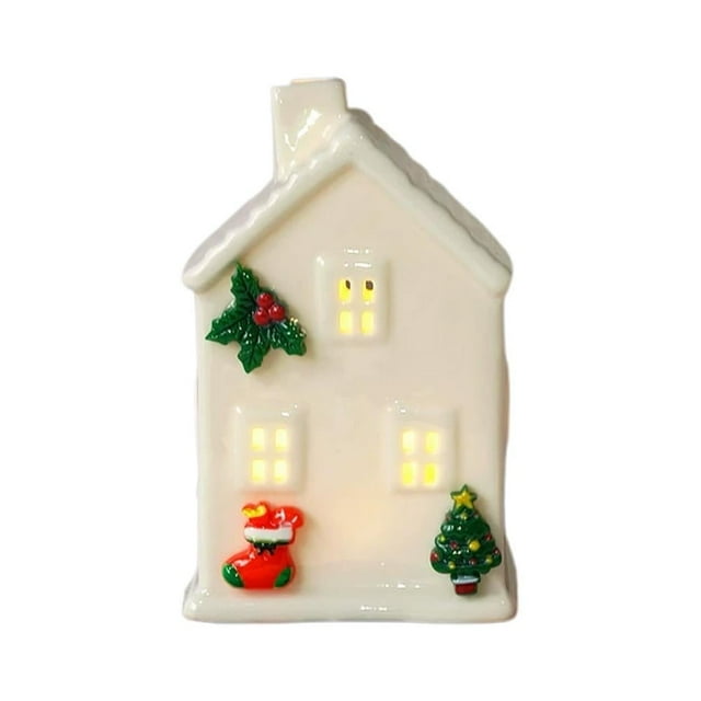 Lighted Ceramic Christmas Village House Decor, White Miniature Snowy House with LED Lights, Remote-Control Holiday Decoration for Mantel Tabletop Display,C,1pcs,Christmas
