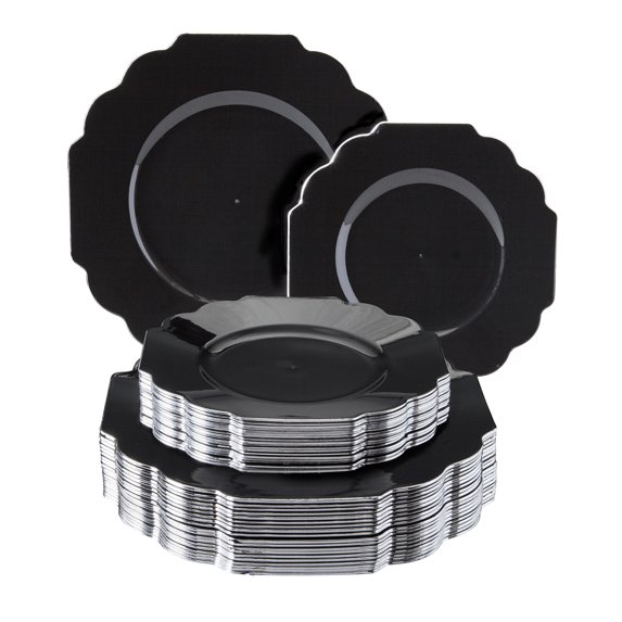 40 PC DISPOSABLE PLASTIC DINNERWARE SET - Black Party Plates - Baroque Collection
