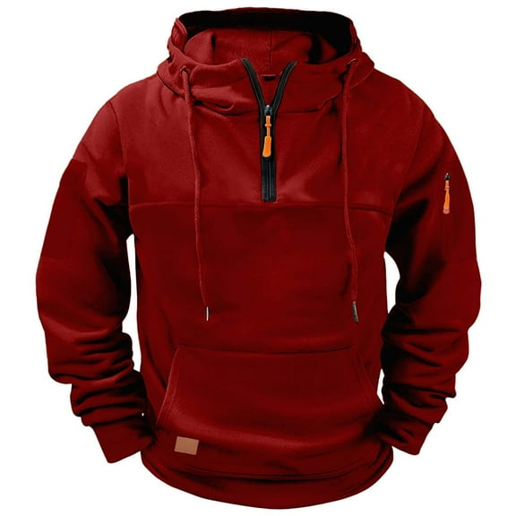 KeShDi Quarter Zip Pullover Men Adding Fleece Solid Colors Casual Hooded Hoodie Long Sleeve Multiple Pockets Work Hoodie Wine 3X