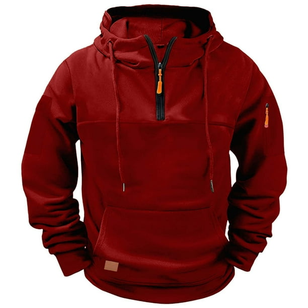 Ceisia Men's Fleece-Lined Half-Zip Hooded Sweatshirt with Multi-Pockets for Casual & Work Wear Wine XXXL Gifts