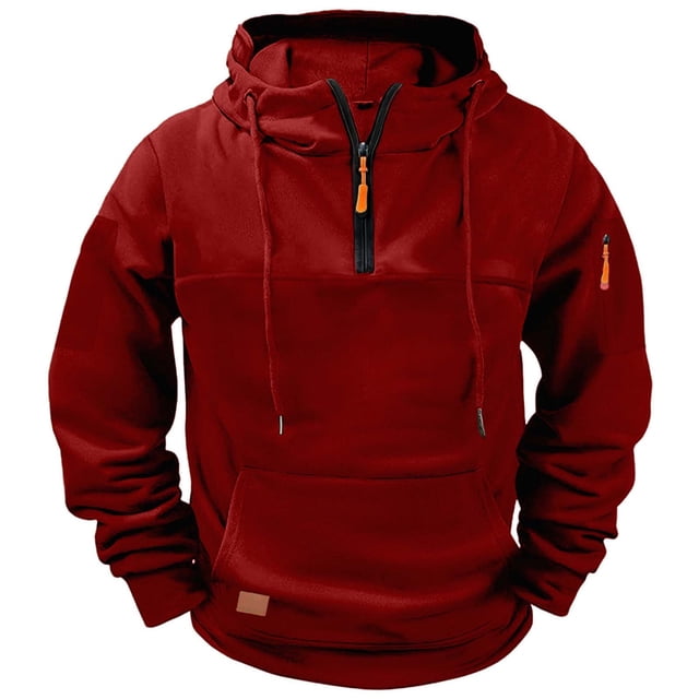 Ceisia Men's Fleece-Lined Half-Zip Hooded Sweatshirt with Multi-Pockets for Casual & Work Wear Wine XXL Gifts
