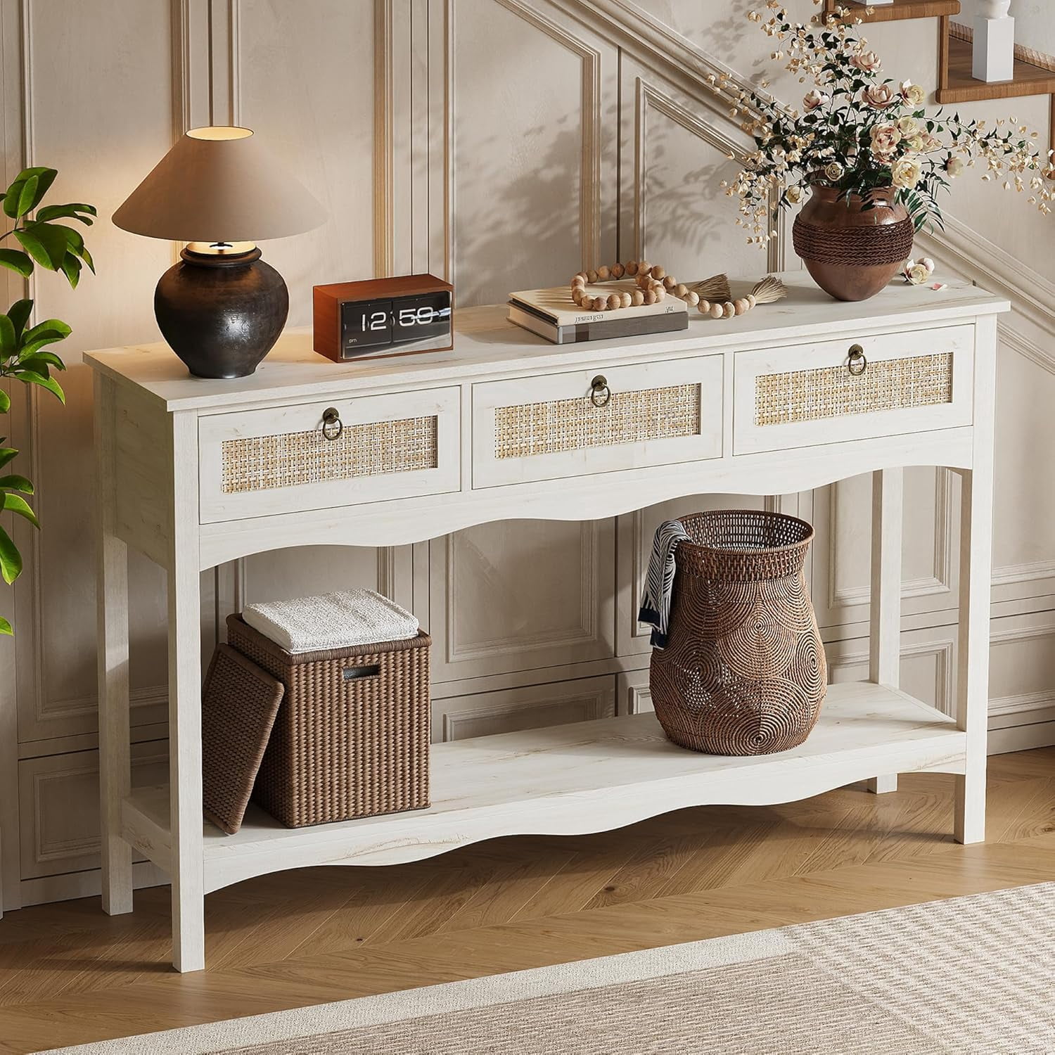 LAZZO 51” Boho Rattan Console Table, Narrow Entryway Table with 3 Drawers & Open Shelf, White
