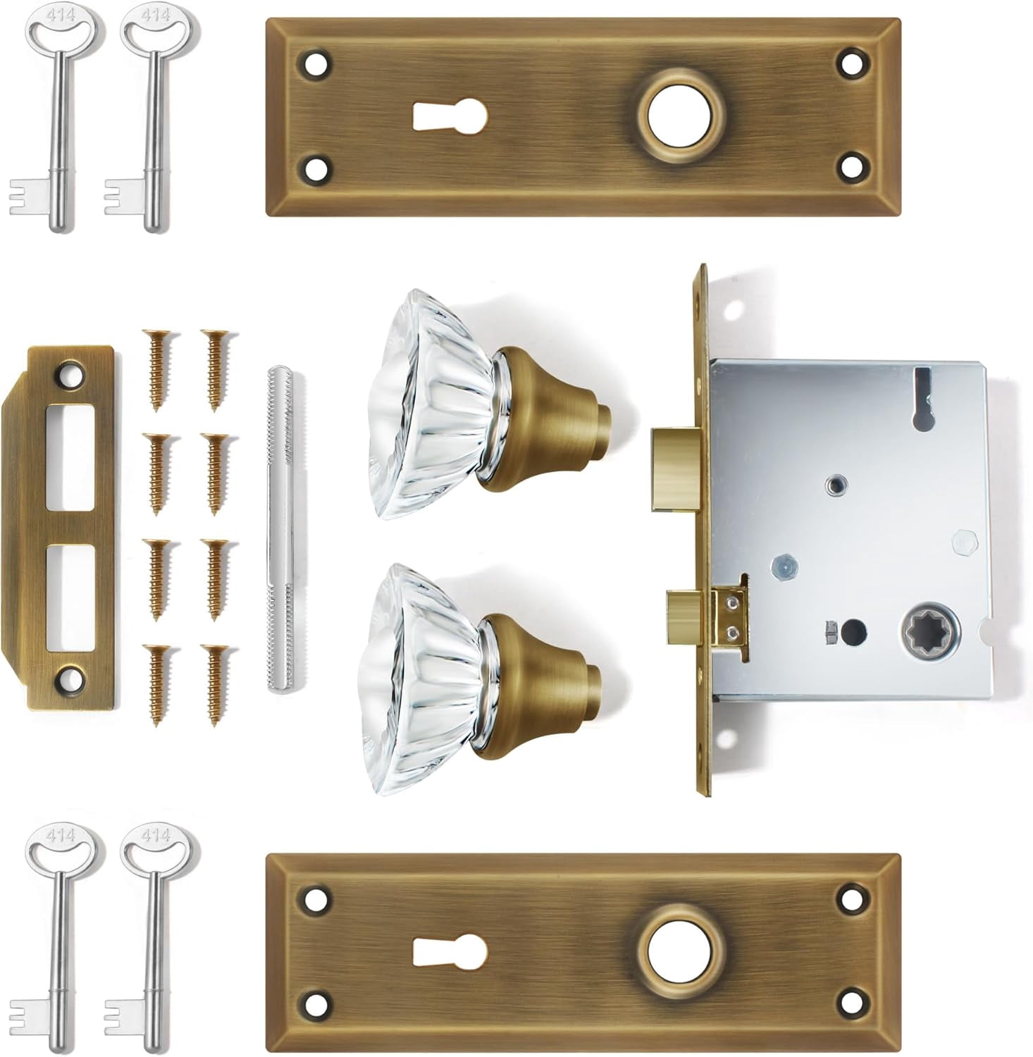Upgraded Mortise Lock Set for Interior Door, Antique Brass Crystal Glass Door Knobs with Lock and Skeleton Key, Old Style Door Knobs Reversible for Left & Right Handed Door