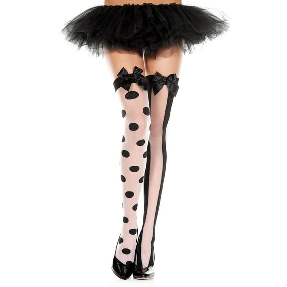 Music Legs Women's Women's Polka dot and striped mismatch thigh hi with satin bow 4130-BLACK/WHITE
