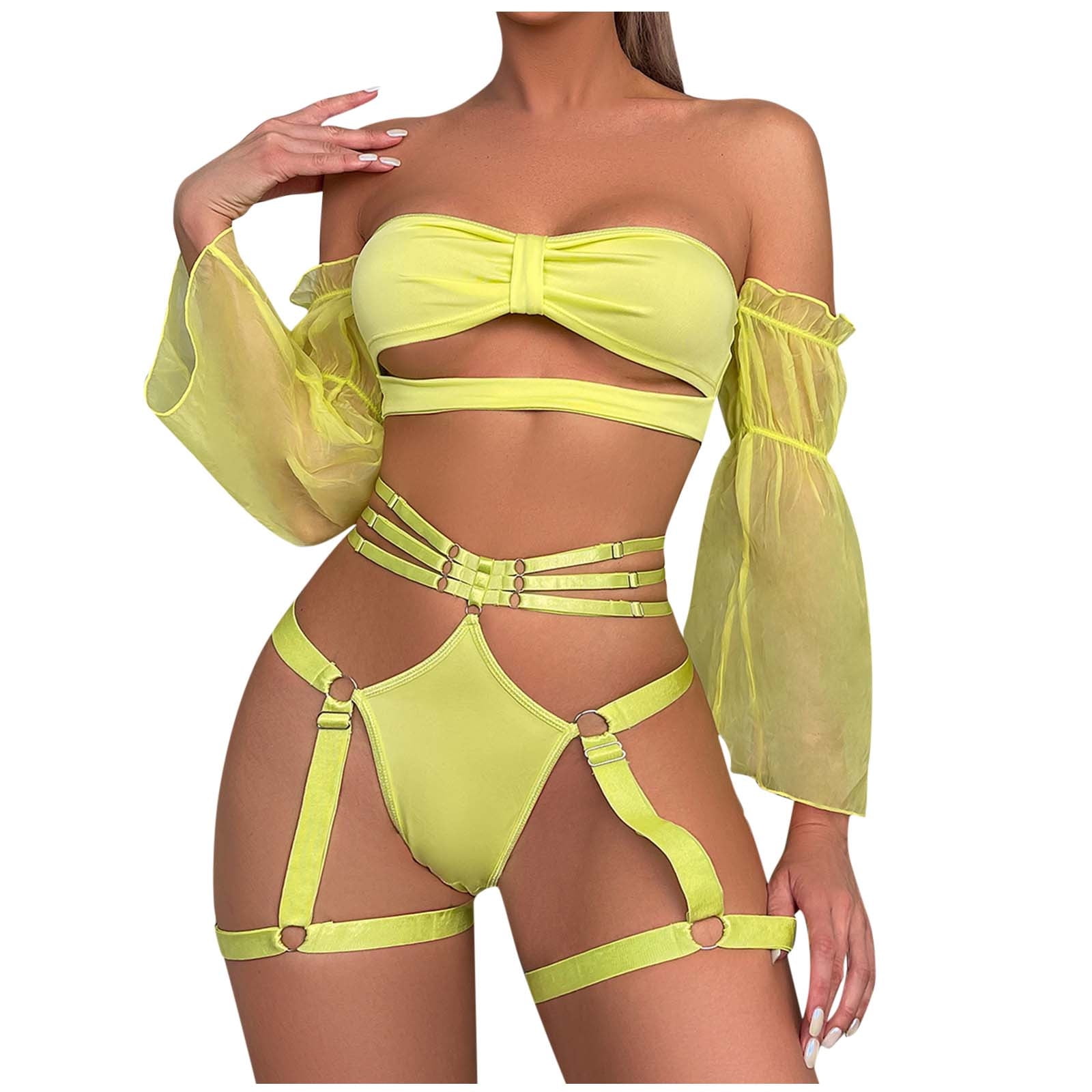 Tarmeek Women's Sexy Lingerie Valentines Ladies Sexy Lingerie Hollow Out  Ribbon Bundled Style Puff Sleeves Sexy Underwear Thong Belt Suit Teddy