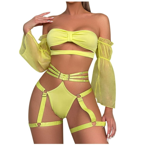 jovati Women'S Thong Underwear Ladies Fashion Sexy Lingerie Hollow Out  Ribbon Bundled Style Puff Sleeves Sexy Underwear Thong Belt Suit
