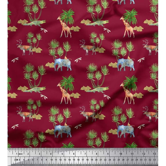 Soimoi Red polyester Crepe Fabric Animals & Palm Tree Decor Fabric Printed Yard 42 Inch Wide