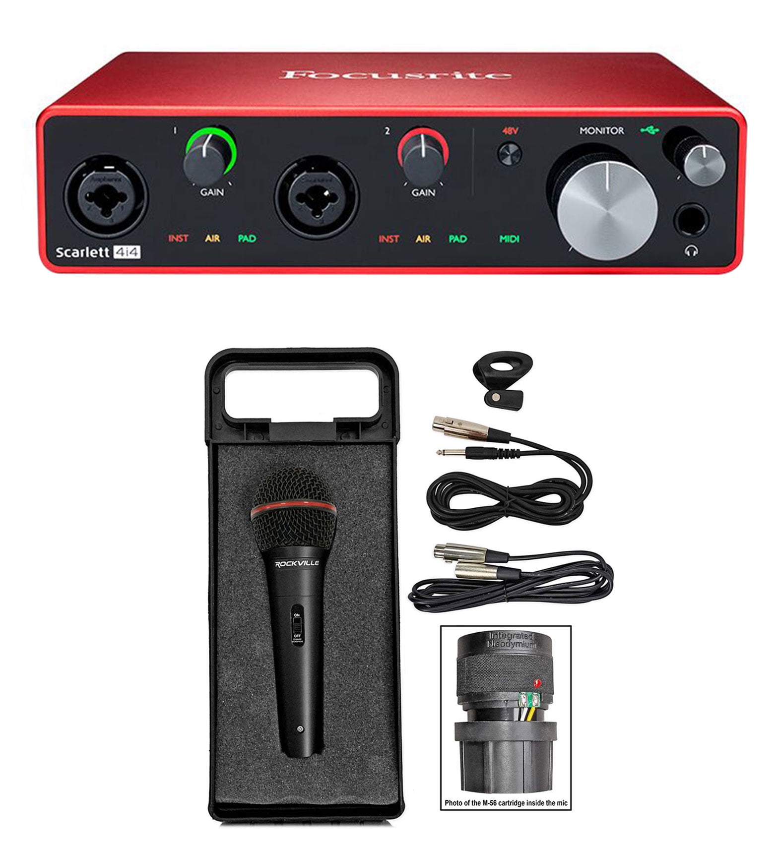 Focusrite SCARLETT 4I4 3rd Gen 192KHz USB Audio Interface Bundle with  Microphone, Cable, Case ( 2 Items)