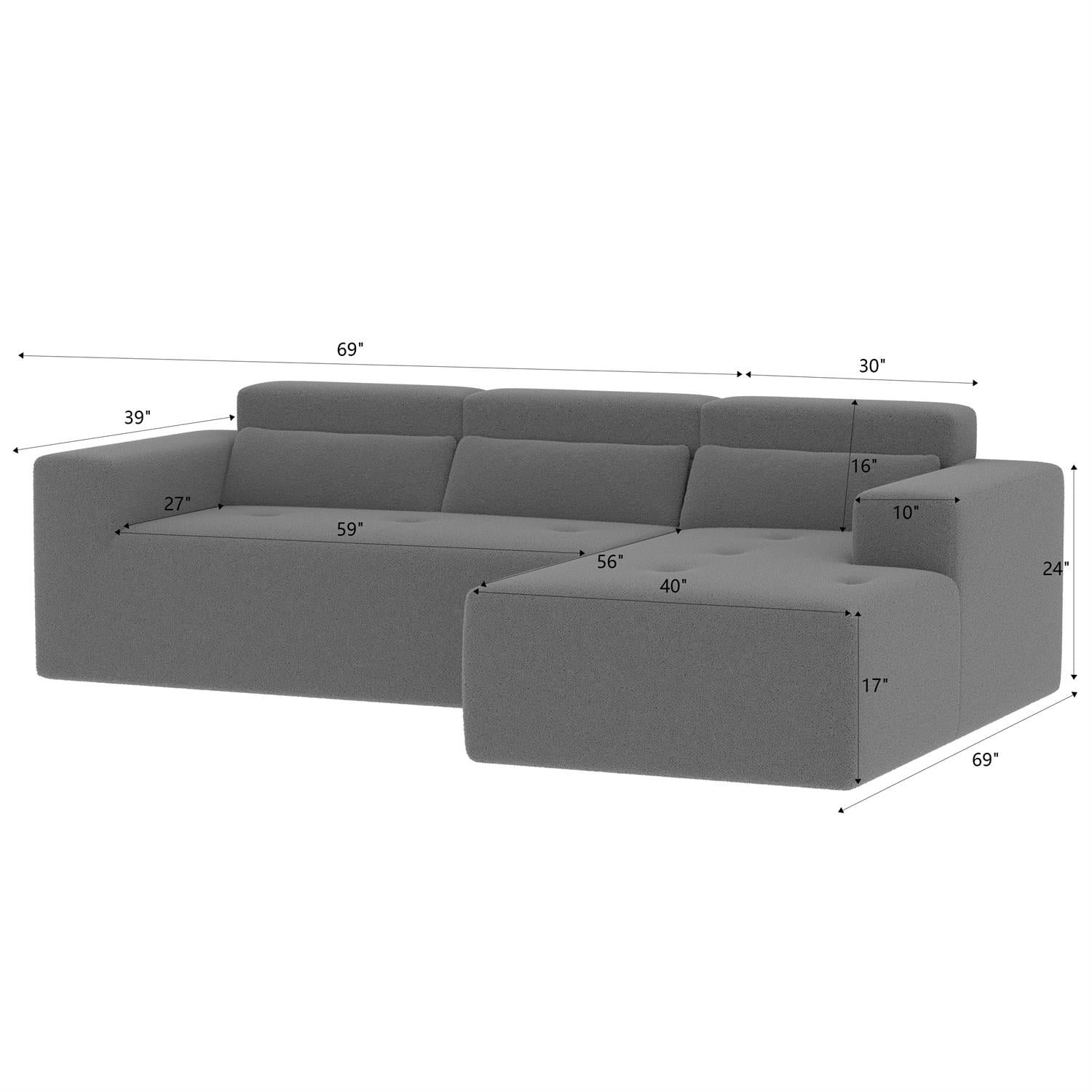 Demi Bonn 109" Modern Modular Sectional Sofa, Cozy Teddy Fabric L Shaped Couch with Chaise, 3-Seater Corner Sofa with Pillows for Apartments, Gray