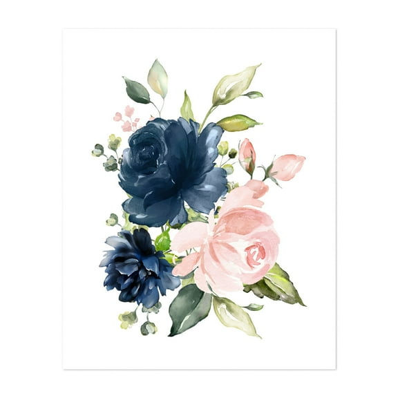 Navy and Blush Flowers, Watercolor Flowers, Roses, Greenery, Girl Nursery - Illustration Floral Watercolor Flowers Botanical Pastel Garden Unframed Wall Art Print 6 x 8 inches