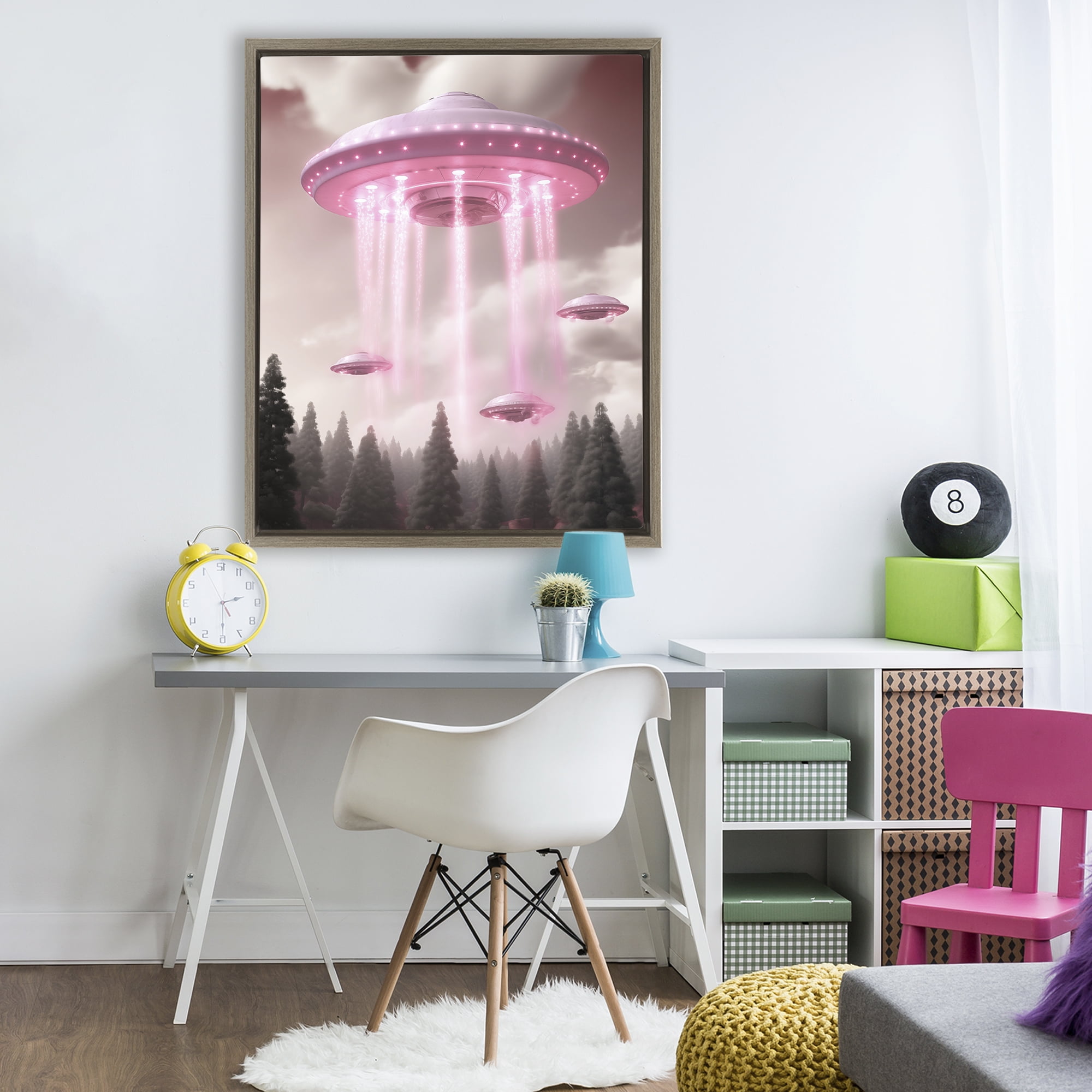 Glam UFO with Pink Beams Brown Framed Floater Canvas Wall Art, design by Sasha