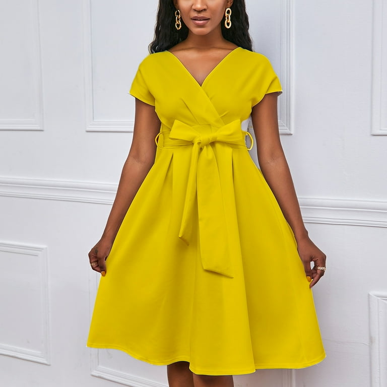 Women's Trendy Dress Short Sleeve Wrap V Neck Tie Waist Knee Women's Trendy Dress Short Sleeve Wrap V Neck Tie Waist Knee