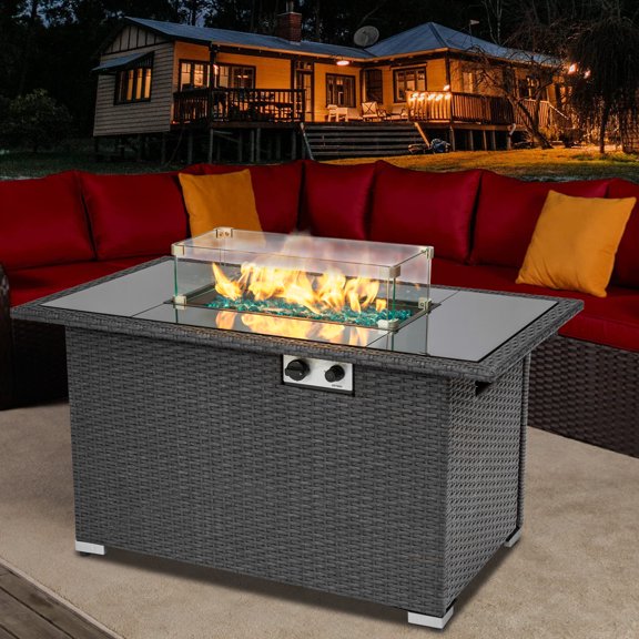 Gas Fire Pit Table, 44 inch 50,000 BTU Propane Fire Pit with Glass Wind Guard, Tempered Glass Tabletop, Lid, Blue Rocks and Cover, Outdoor 2-in-1 Fire Pit Table for Garden, Yard, Deck, Gray, D4391