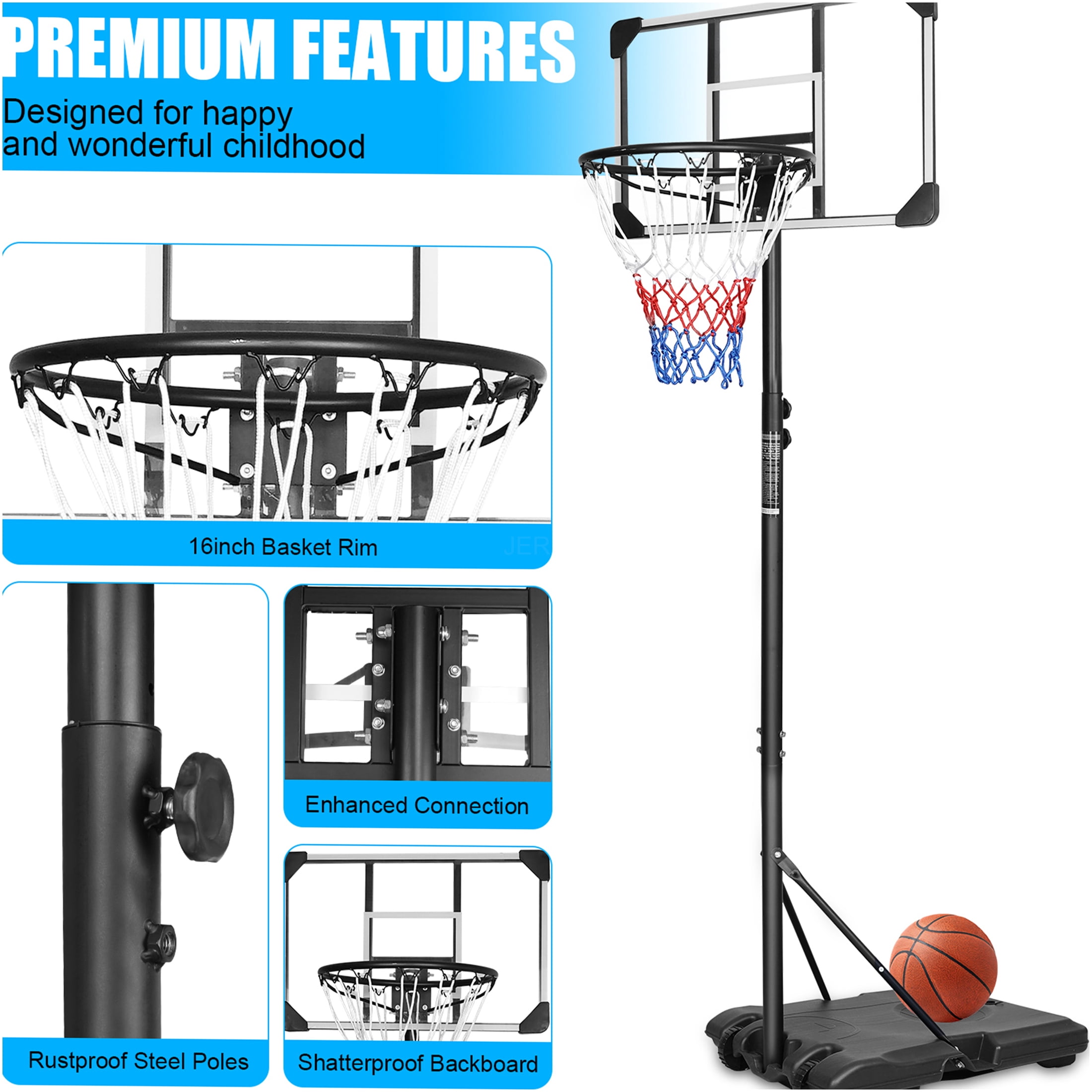 JERFIT Portable Basketball Hoop with Base & Wheels, 5.6ft-7ft Height Adjustable Hoop for Youth Kids, 28" Shatterproof Backboard for Indoor Outdoor Use