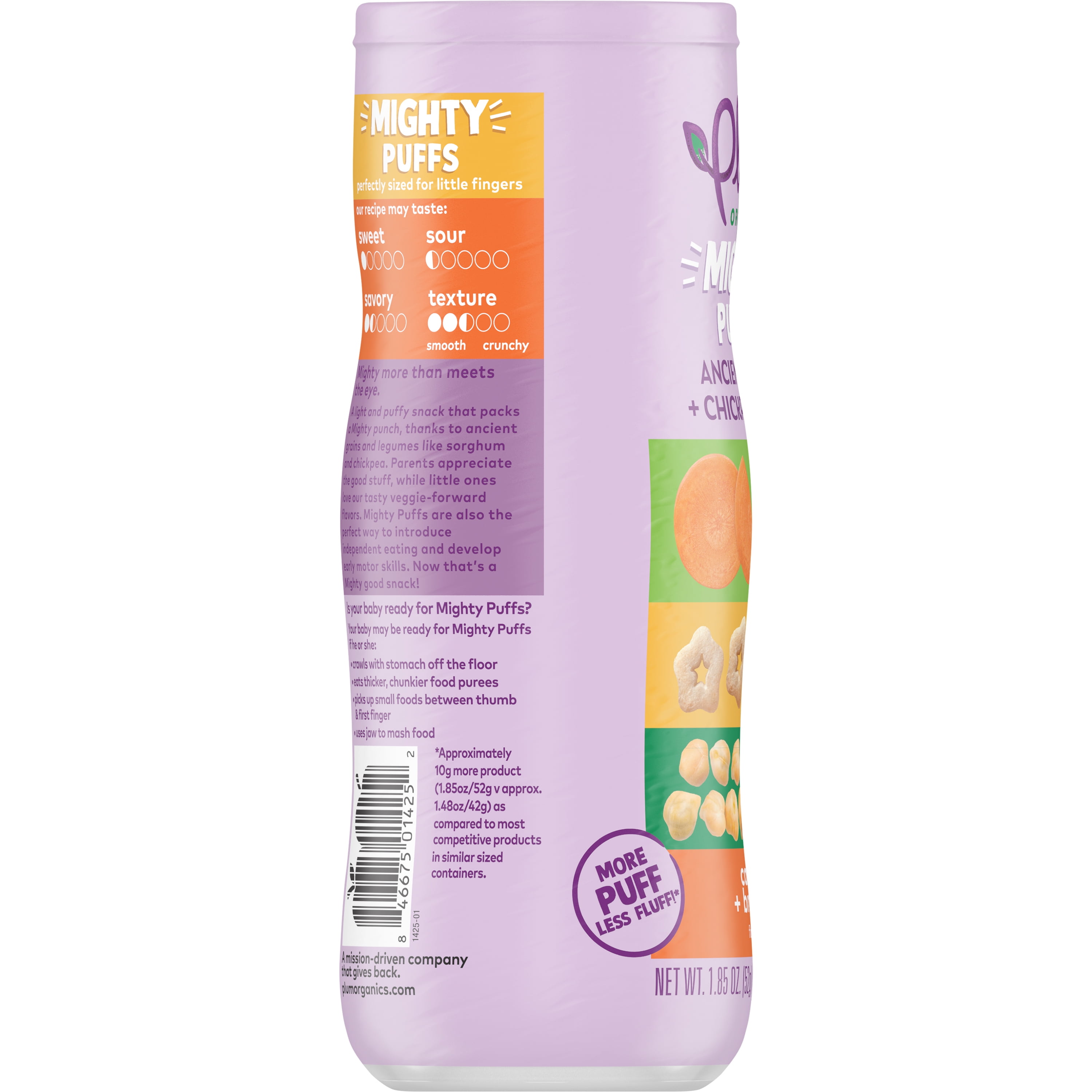 Plum Organics Mighty Puffs, Ancient Grain + Chickpea Snack, Carrot + Broccoli, 1.85 oz Canister, 6 Pack