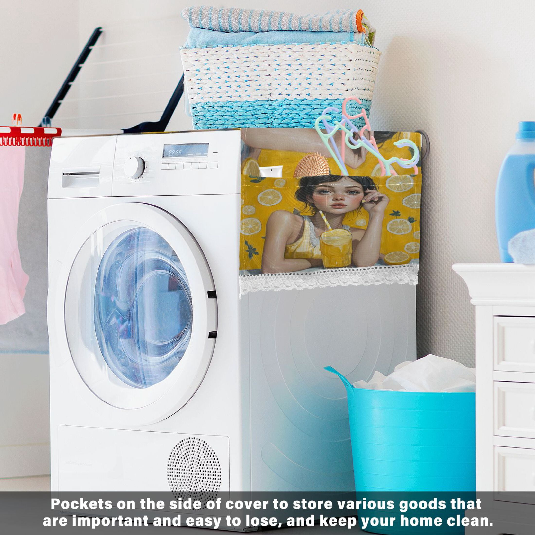 Lemonade GirlWasher and Dryer Covers Dust-Proof and Oil Resistant Fridge Cover with 4 Storage Pockets Washing Machine Top Cover for Laundry Kitchen Home 51.2 x 22 In