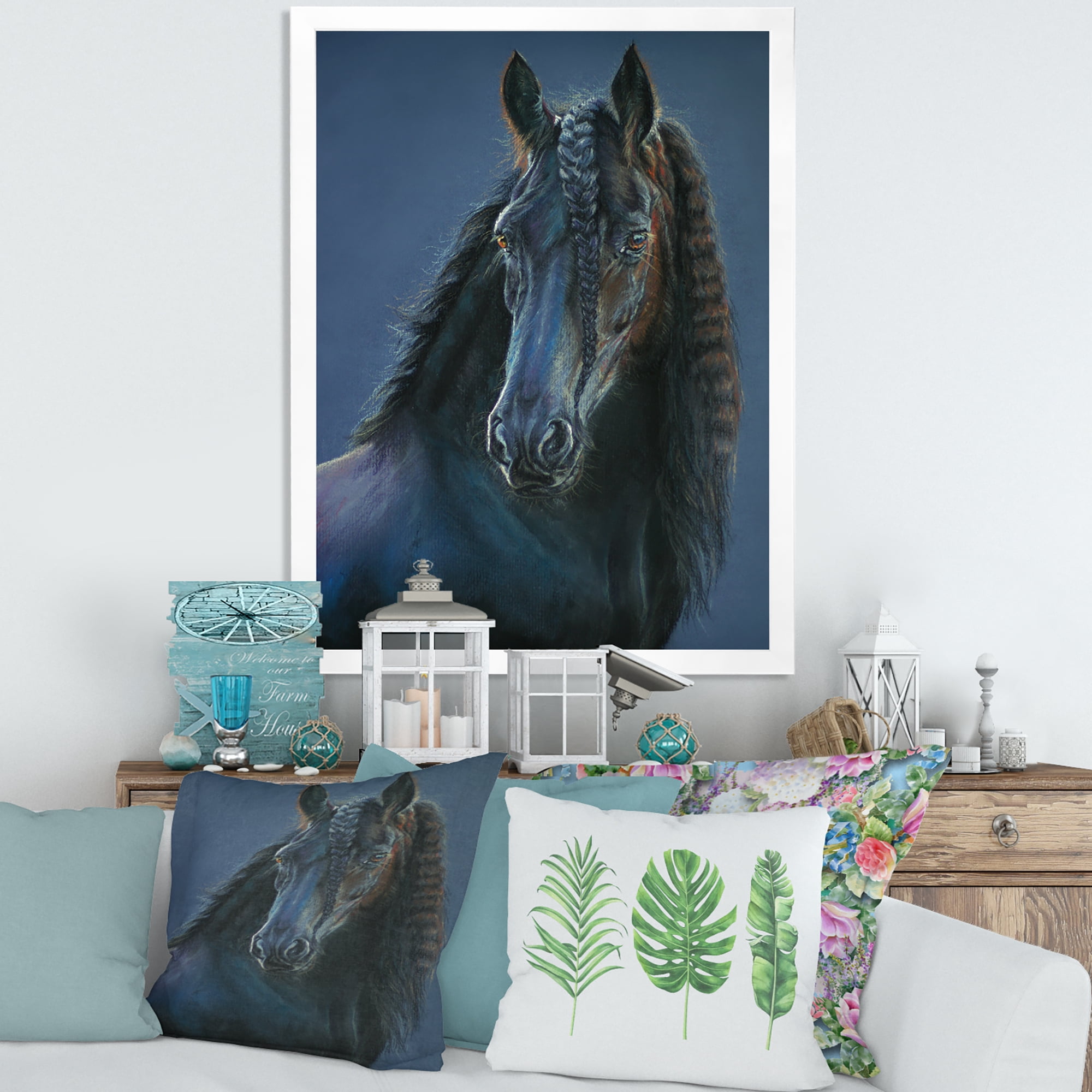 Designart 'Frisian Black Horse Portrait' Farmhouse Framed Art Print