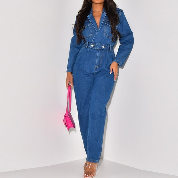 Fayshow0 Up To 30% Off Jean Pants for Women Women Long Sleeved Shirt Collar with Waistband and Slim Elastic Small Cuffs with Pockets Denim Jumpsuit,Blue S