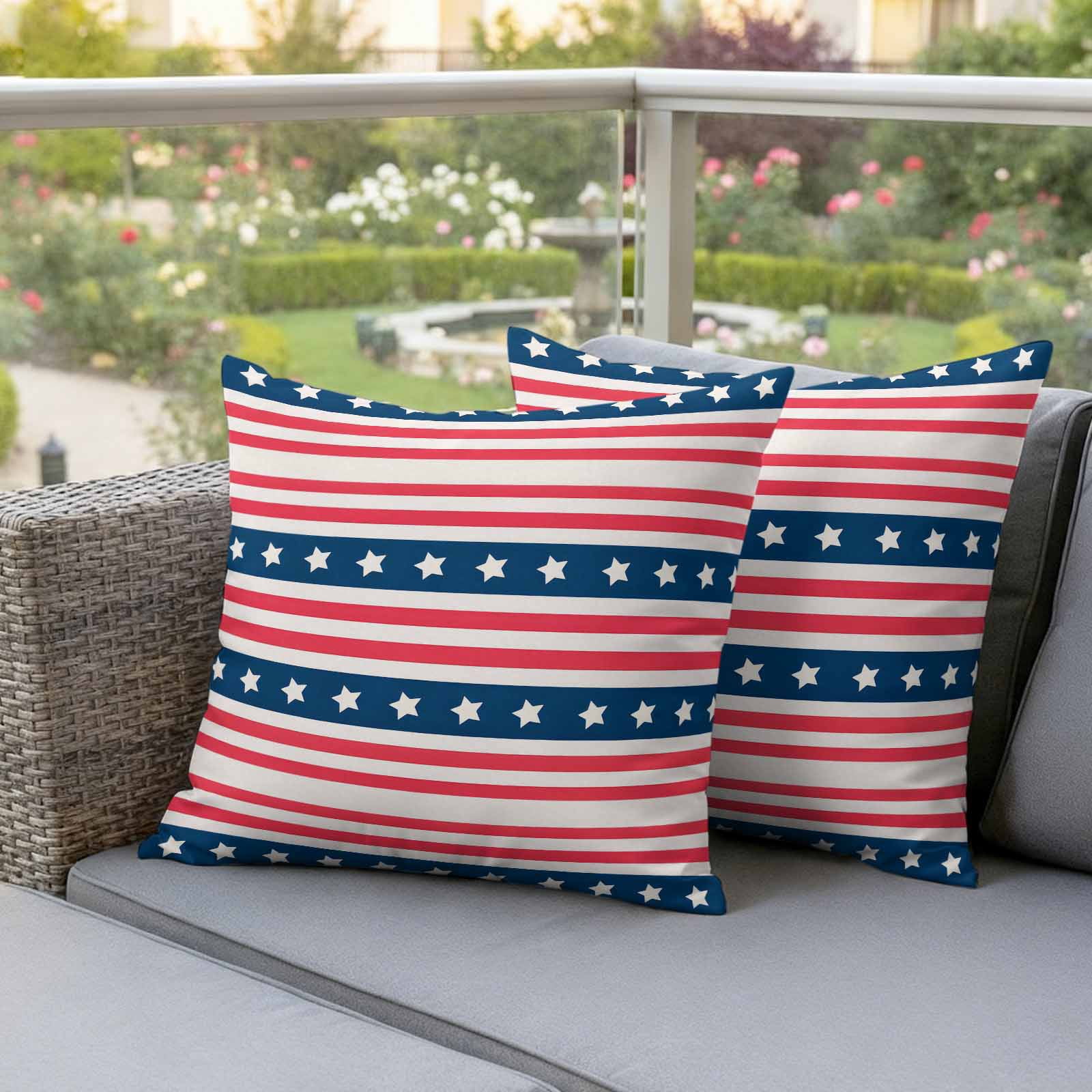 4th of July Outdoor Waterproof Pillow Covers, Independence Day Patriotic Red Blue Striped Decorative Square Throw Pillowcase Sofa Cushion Sham for Patio/Couch/Chair, 16"x16" 2 Pack