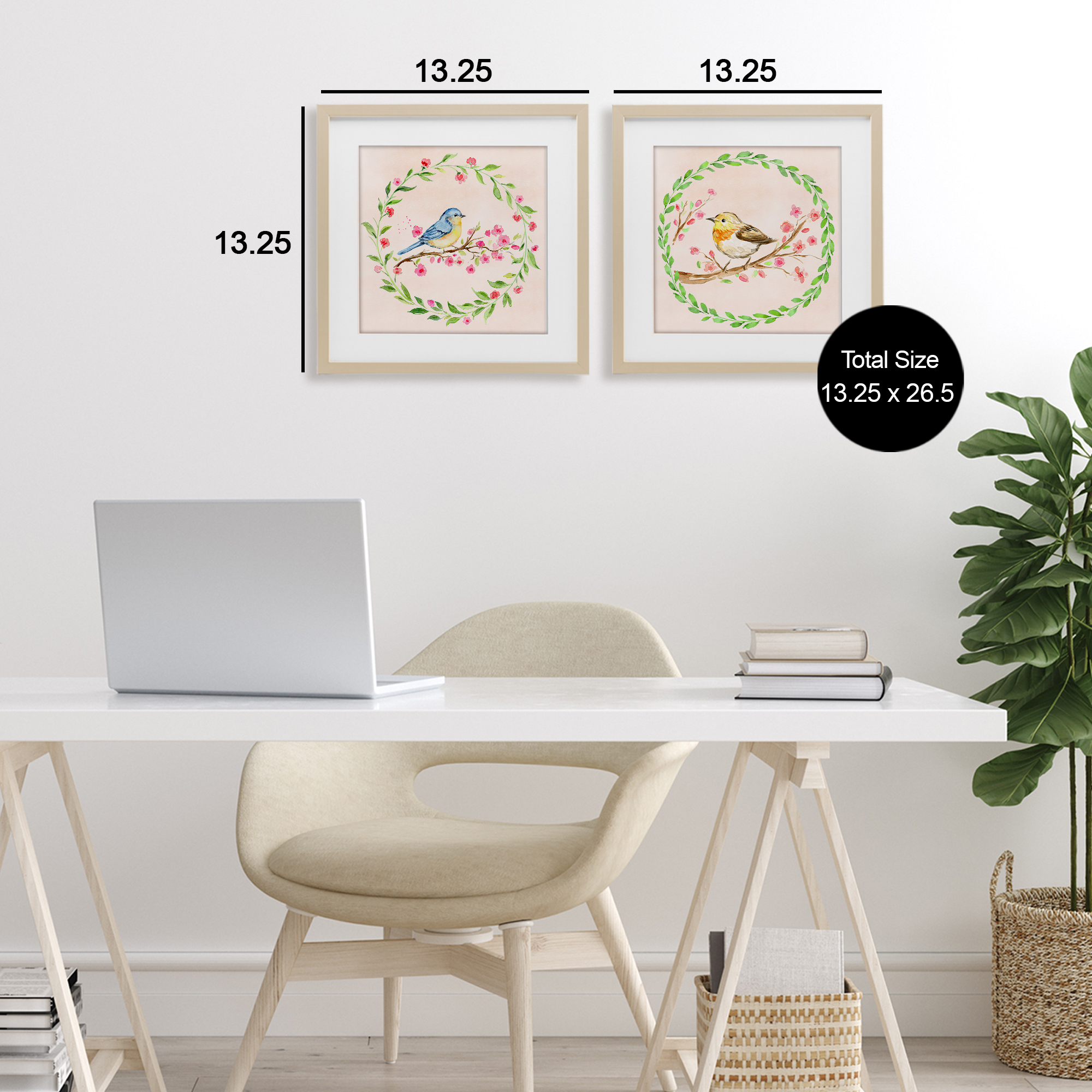 Spring Branches & Wreath Birds 2 Piece Birch Framed Print Under Glass Set, design by Elena Fay