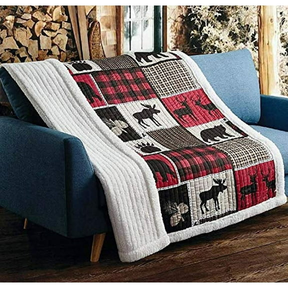 Virah Bella Lodge Life Black Bear Quilt Throw Sherpa Blanket
