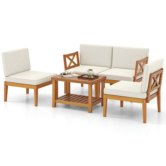 Topcobe 5 Pieces Acacia Wood Patio Furniture Set Outdoor Sectional Conversation Set with Cushions, Outdoor Patio Furniture for Garden Backyard Pool Deck-Off White