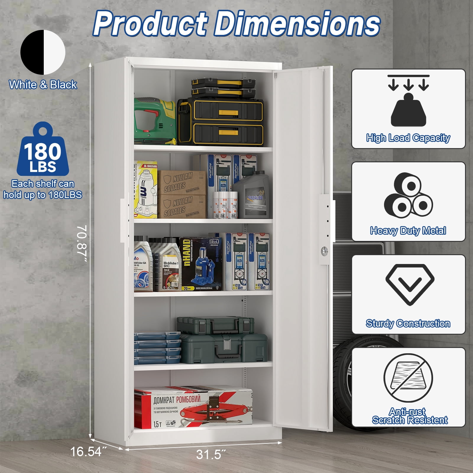 Marcree 71''H Metal Storage Cabinet for Garage, White Steel Cabinet with Doors and 4 Shelves,Tool Organizer for Garage Systems Storage Lockable File Storage for Home Office, Classroom