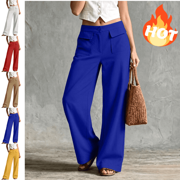 LUGOGNE Wide Leg Palazzo Pants for Women High Waist Office Pants Flowy Comfortable Loose Fit Work Trousers Blue,L