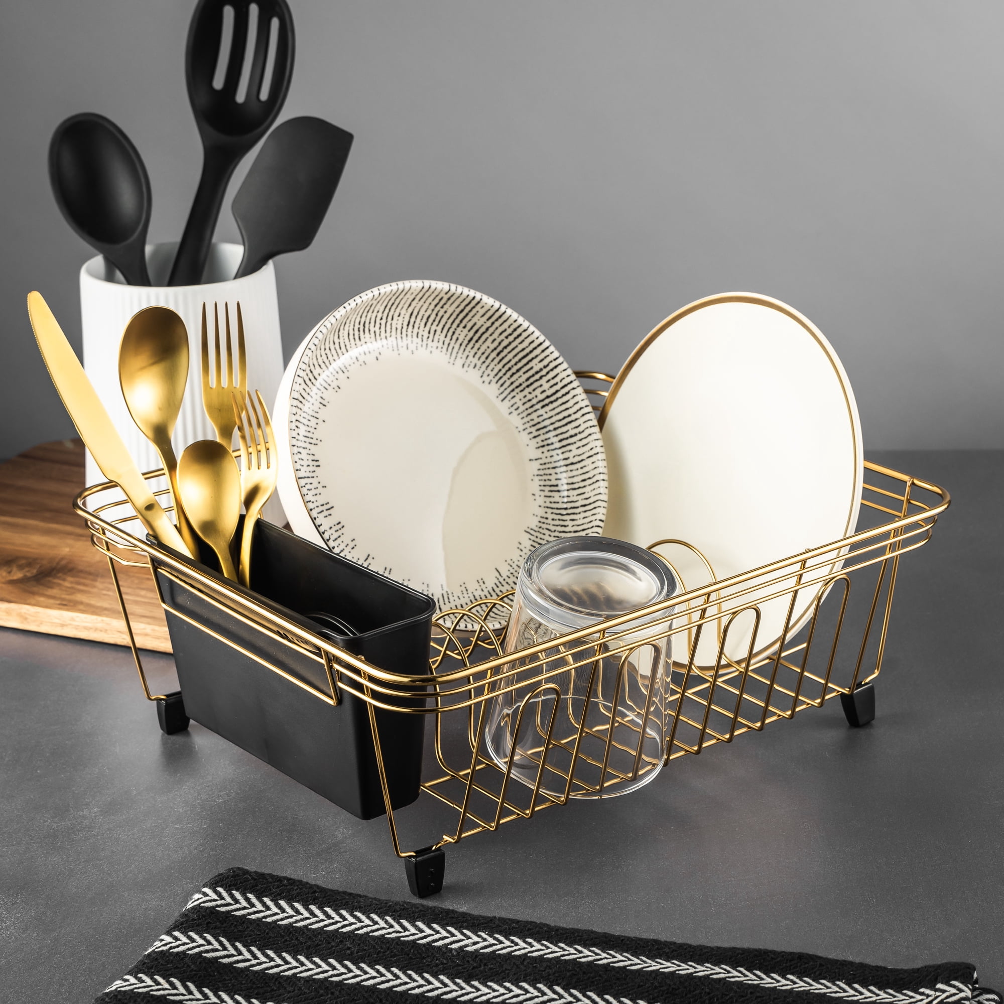 Thyme & Table Stainless Steel Dish Rack with Caddy, Gold