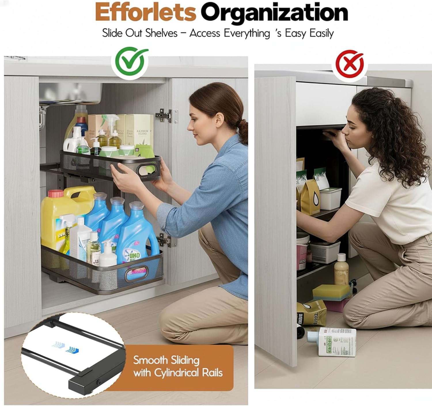 2 Pack Under Sink Organizer, Dual-Layer Pull Out Mesh Cabinet Rack with 5-Level Height Adjustment, Rust-Resistant Sliding Storage for Bathroom & Kitchen, Multi-Purpose 2-Tier Shelf(Black)