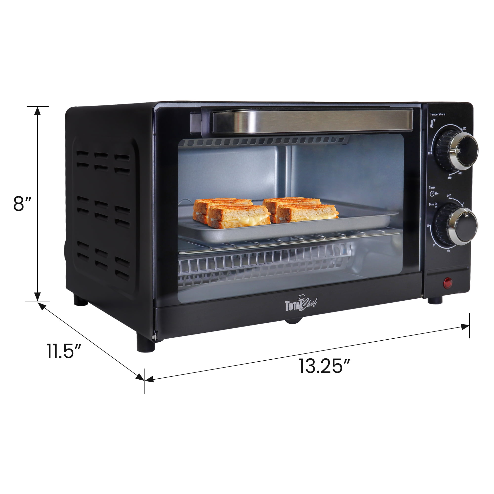 Total Chef Countertop Toaster Oven, Pizza Maker, 4 Slice Capacity Compact Oven, Bake, Toast, Roast, Broil, Natural Convection, Black And Stainless Steel