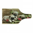 thumbnail image 1 of Pug Cutting Board, Sibling Puppies with Floral Arrangement in Front Wooden Backdrop, Decorative Tempered Glass Cutting and Serving Board, Wine Bottle Shape, Fern Green Eggshell, by Ambesonne, 1 of 1
