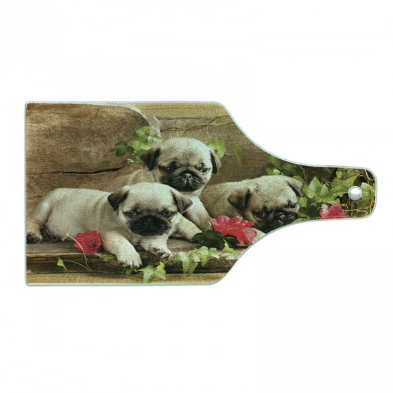 Pug Cutting Board, Sibling Puppies with Floral Arrangement in Front Wooden Backdrop, Decorative Tempered Glass Cutting and Serving Board, Wine Bottle Shape, Fern Green Eggshell, by Ambesonne
