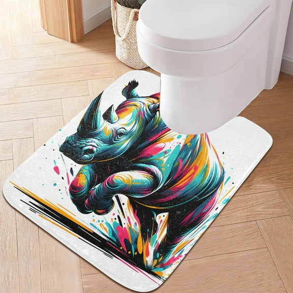 Toilet Rug U-Shaped Bathroom Rugs Non-Slip Soft Plush Machine Washable Contour Bath Mat Multi Colored Rhino 24x20