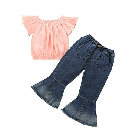 

Binpure Girl’s Boat Neck Short Sleeve T-shirt and Denim Trumpet Pants Set