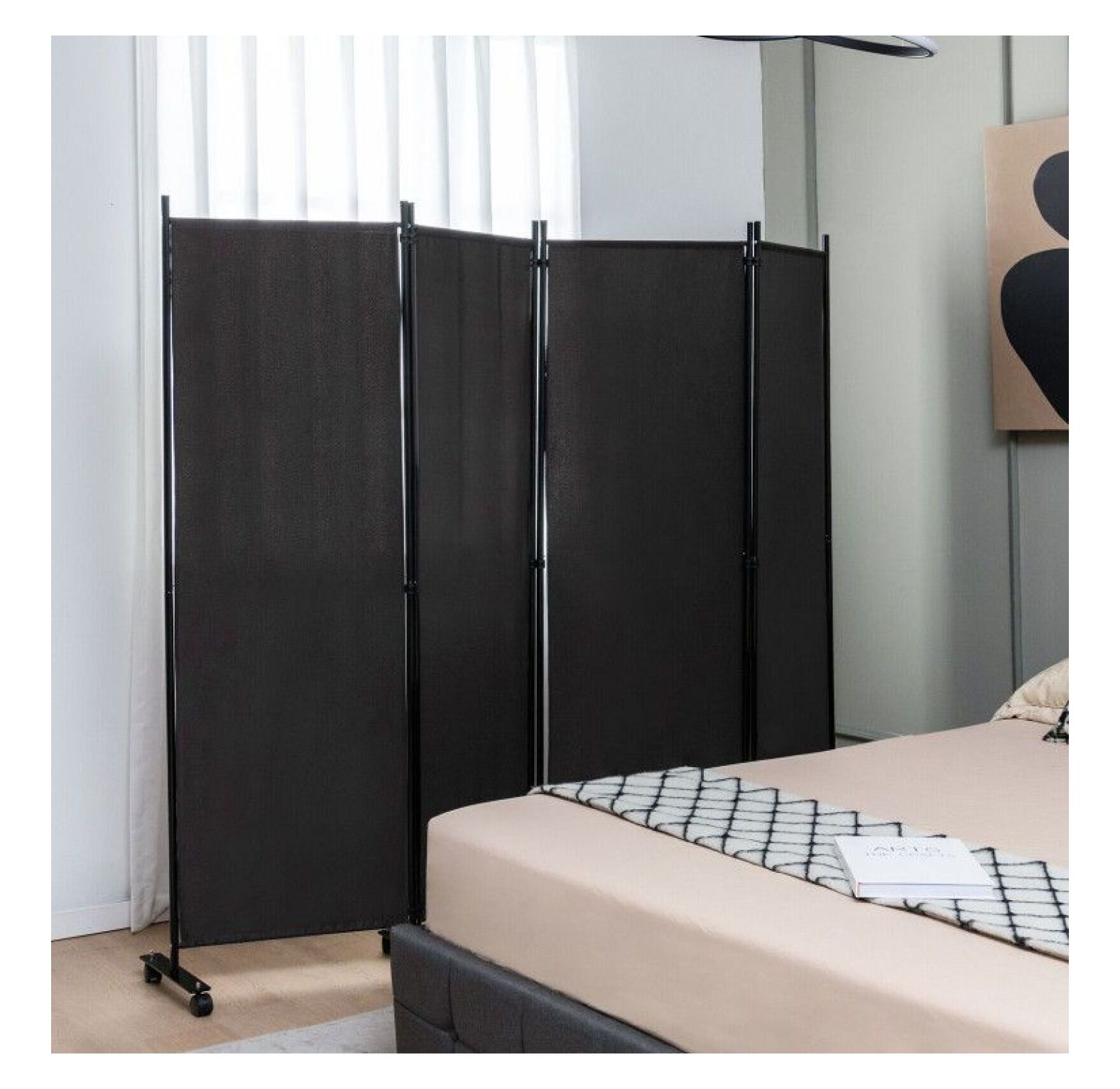 Yunken 4-Panel Folding Room Divider with Lockable Wheels, 5.6 Ft Tall Portable Privacy Screen for Home & Office Use