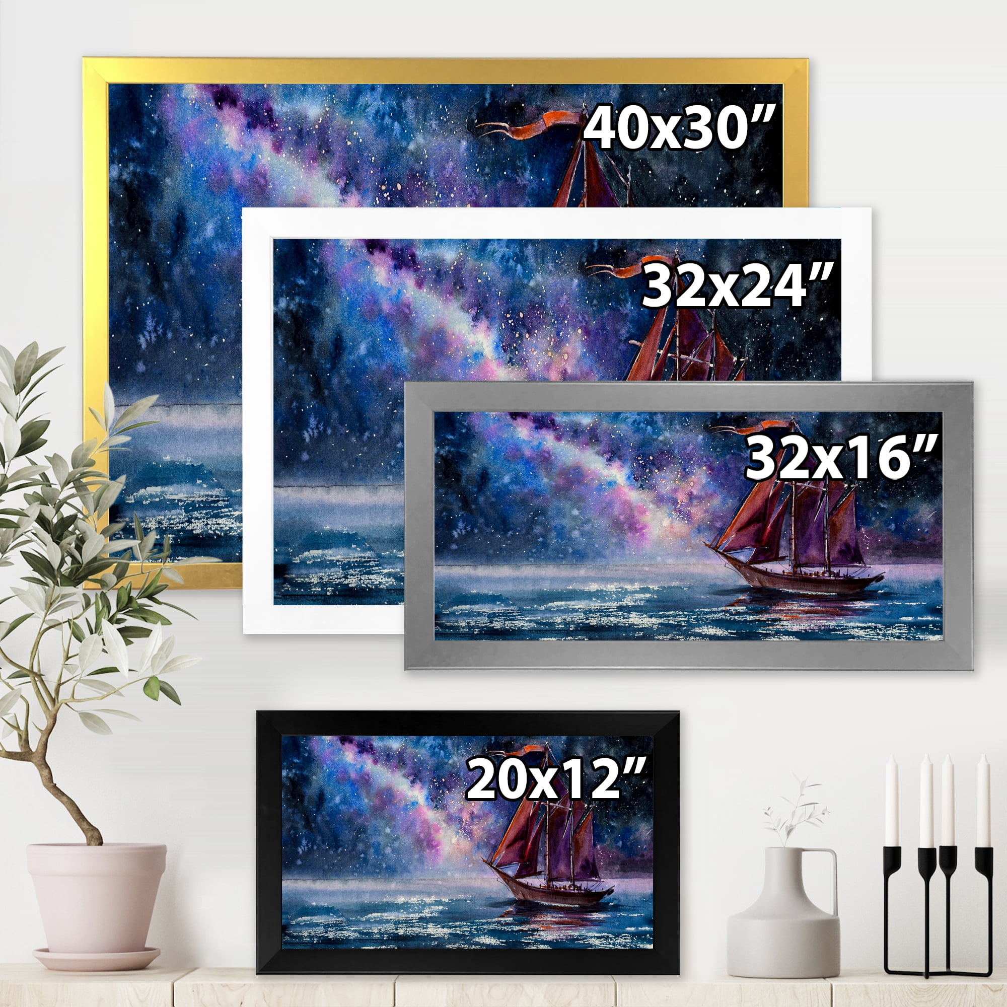 Designart 'Red Sails & Bright Night Sky With Wooden Sailboat' Nautical & Coastal Framed Art Print