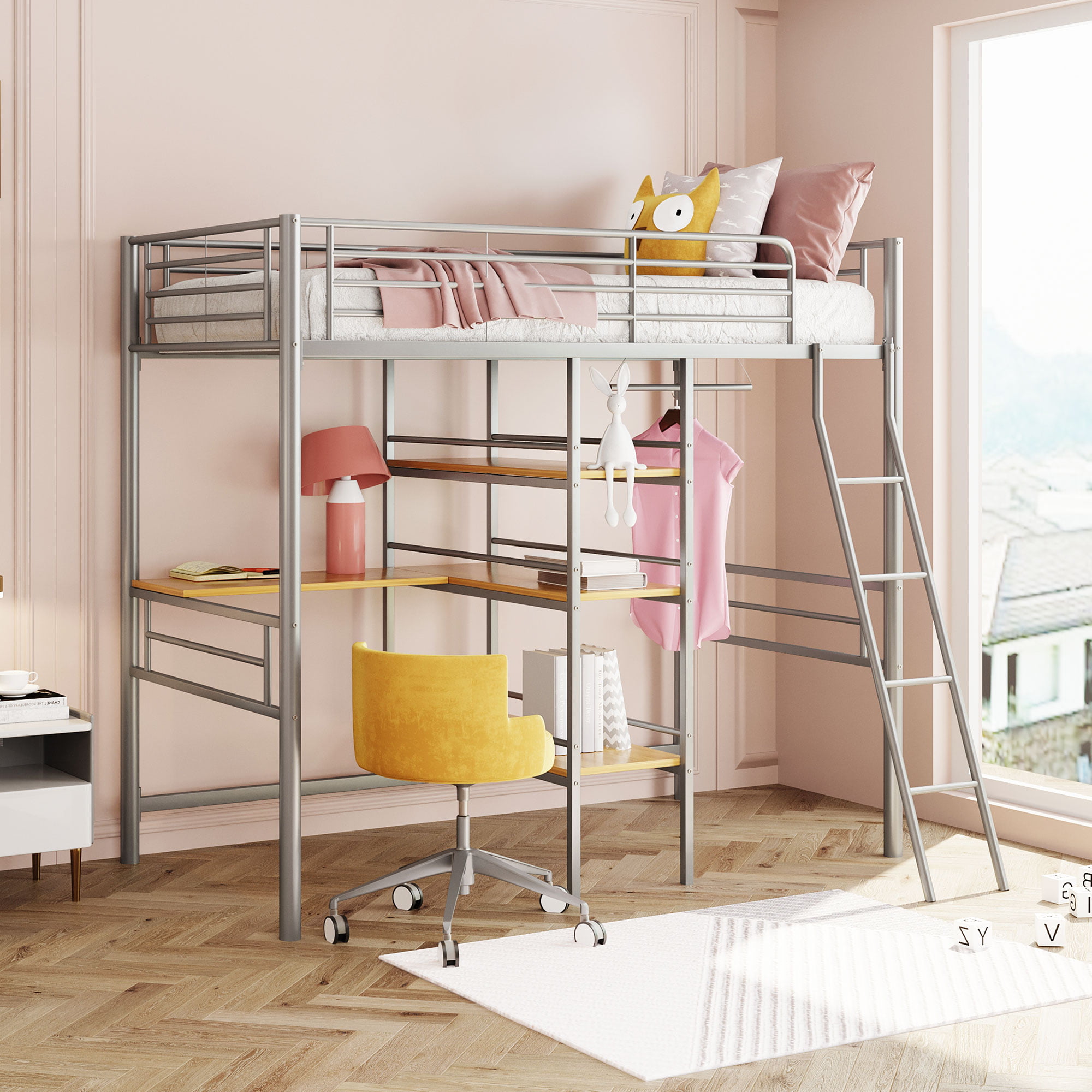 Twin Metal Loft Bed With Desk Shelves, Bunk Bed Rods