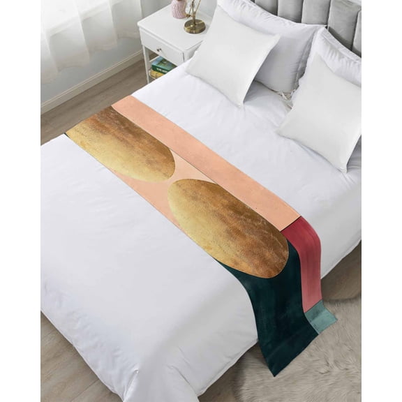 Bed Runner Scarf Twin Size, Boho Gold Circle Stain Bed Runners & Scarves for Foot of Beds, Modern Geometric Color Blocks Decorative Bedding Runner Scarf for Hotel Home Bedroom