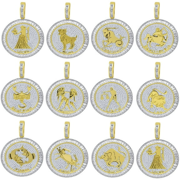14K Yellow Gold Finish Baguette/Round Cut Simulated Diamond Aquarius Water Zodiac Sign Astrology Horoscope Round Pendant Charm 2''