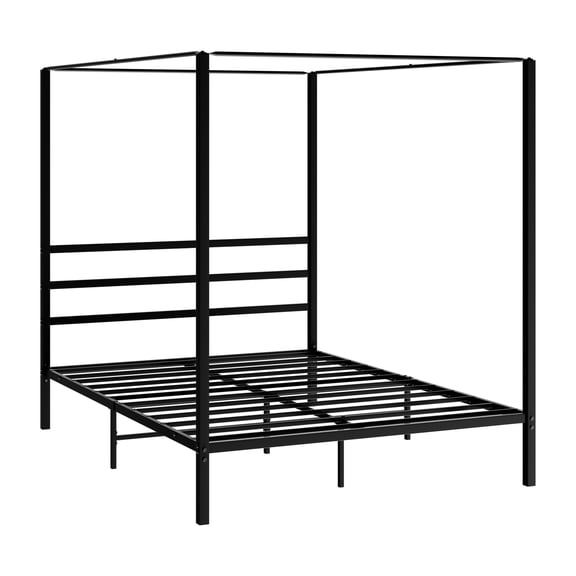 SuperDeal Full Size Canopy Bed Frame Metal Slats 800lbs Mattress Foundation W/Headboard & Under Bed Storage, No Box Spring Needed, Black